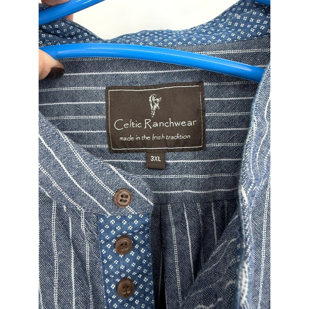 Celtic Ranchwear Mens 3XL Blue White Striped Linen Blend Grandfather Shirt - Picture 4 of 13